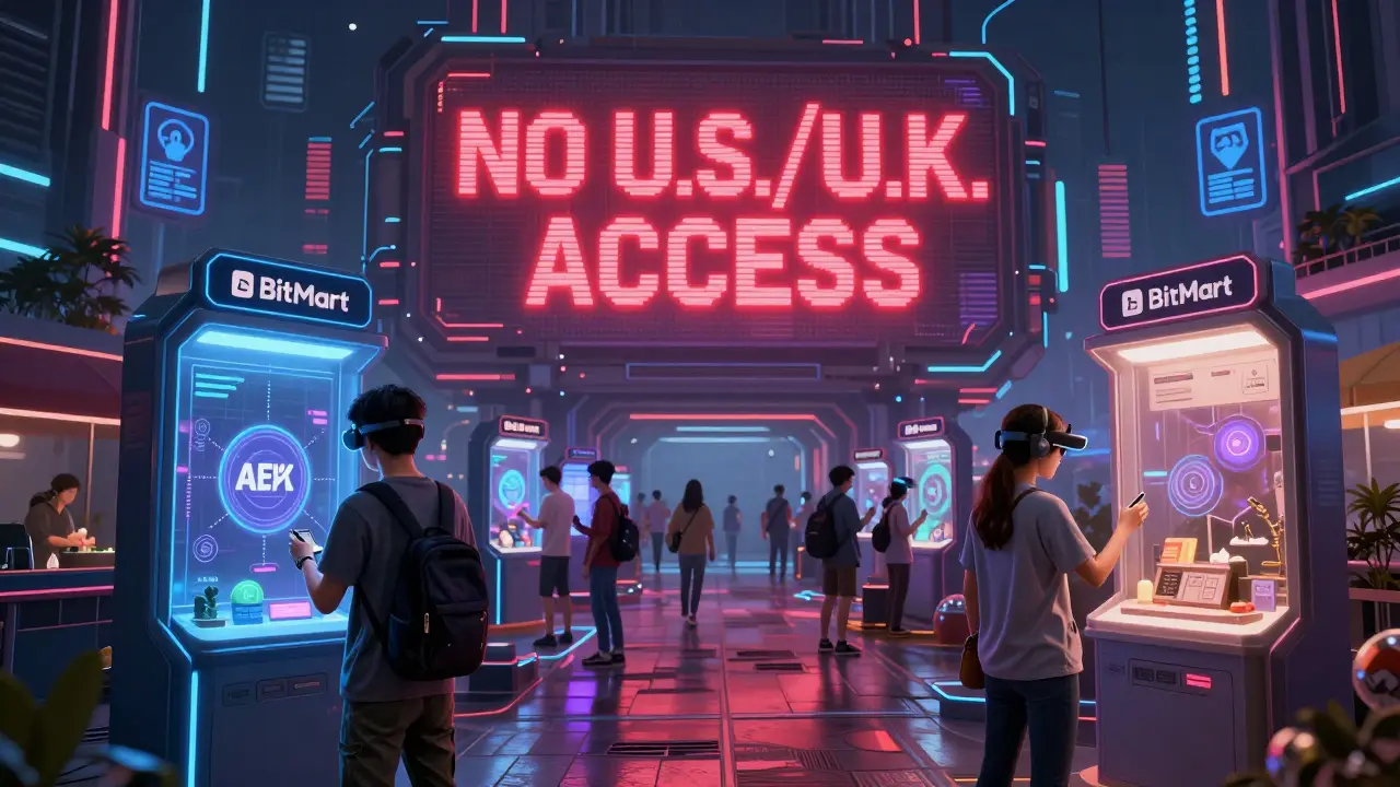 Global users trading BitMart crypto via AR kiosks, with a 'NO U.S./U.K. ACCESS' red warning in the background.