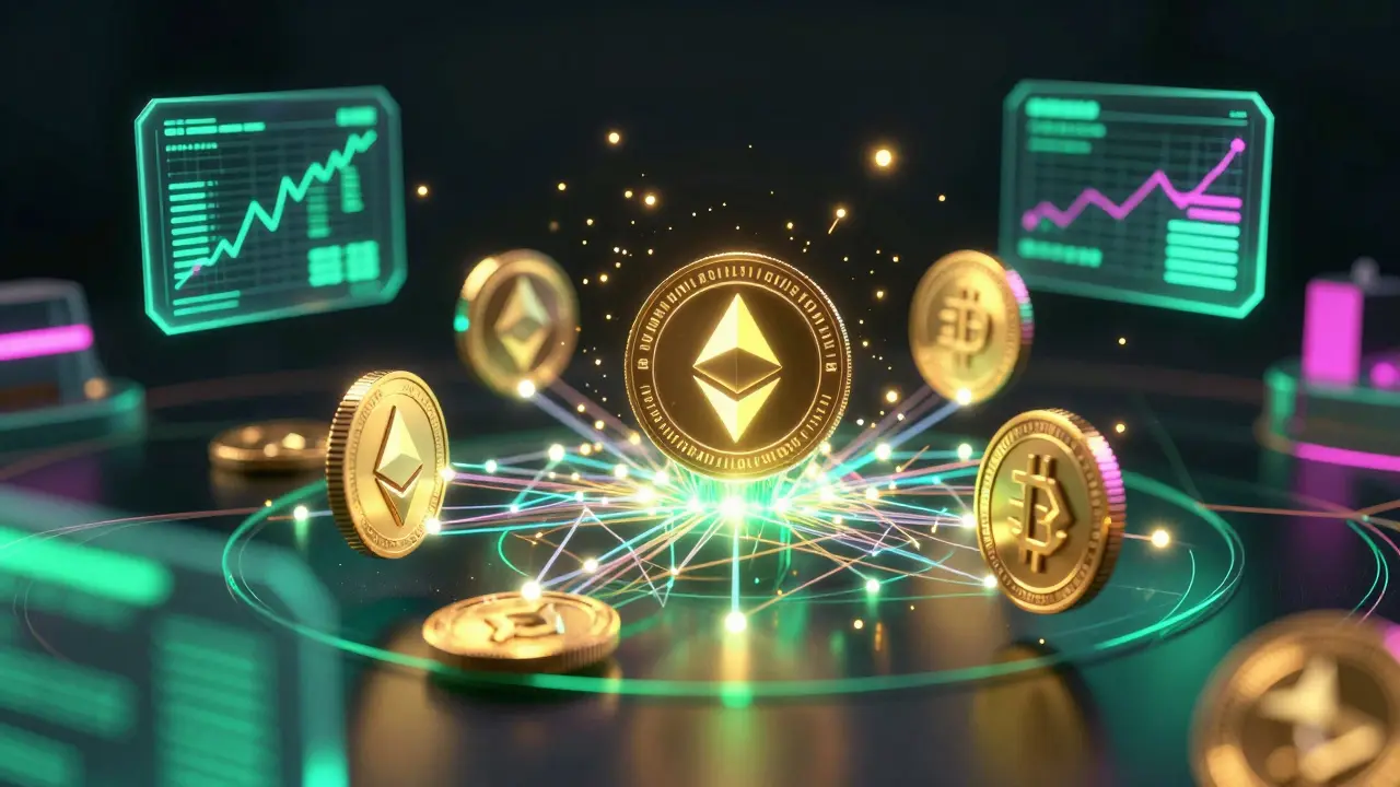 Glowing digital coins connected by network lines representing yield and blockchain integration.