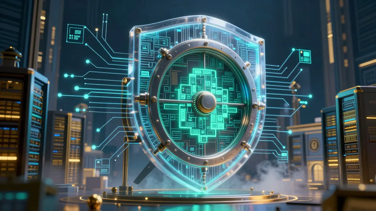 Glowing digital shield protecting virtual assets within a secure technological vault environment.