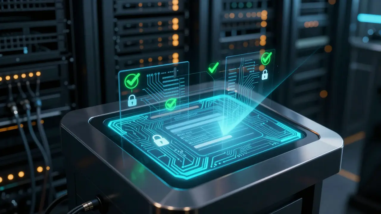 High-tech security interface scanning virtual assets with glowing green indicators.