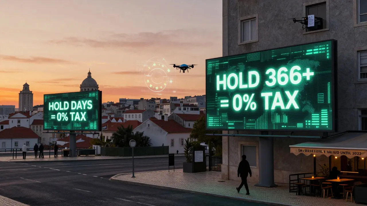 Lisbon skyline at dawn with digital tax rules glowing on billboards and EU regulation glyphs in the sky.