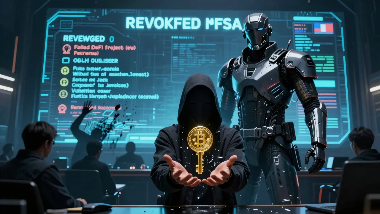 Masked crypto issuer faces MFSA sentinel, one hand offering a license key, the other a broken token in digital tribunal.