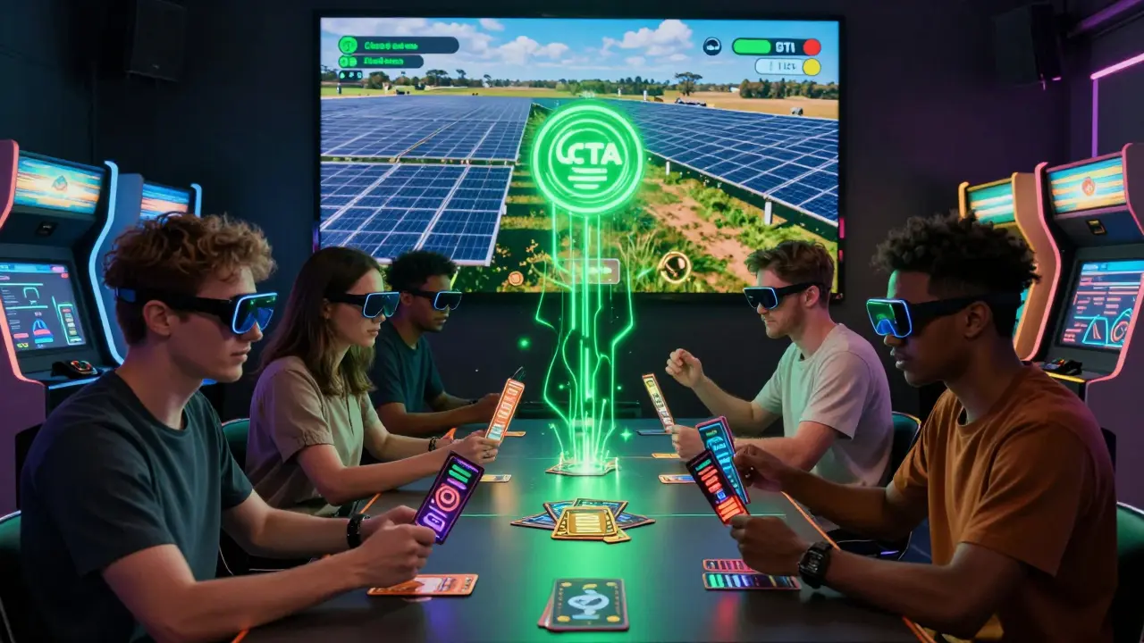 Players in AR glasses battling with floating digital cards, while a solar farm glows on a screen behind them powered by CTA staking.