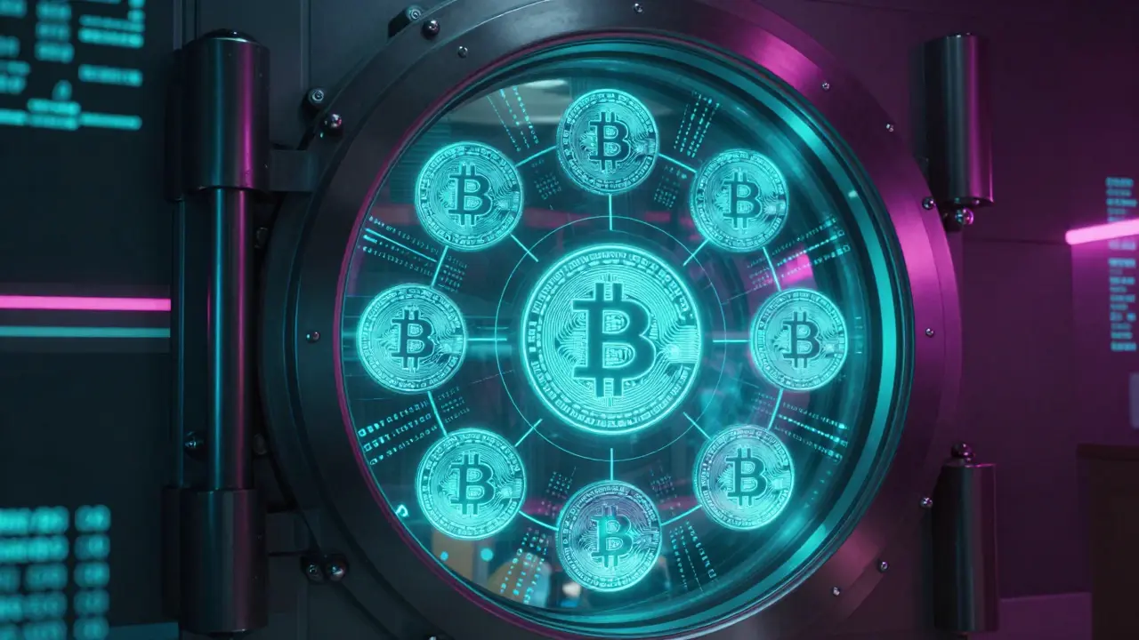Secure digital vault holding glowing crypto tokens.