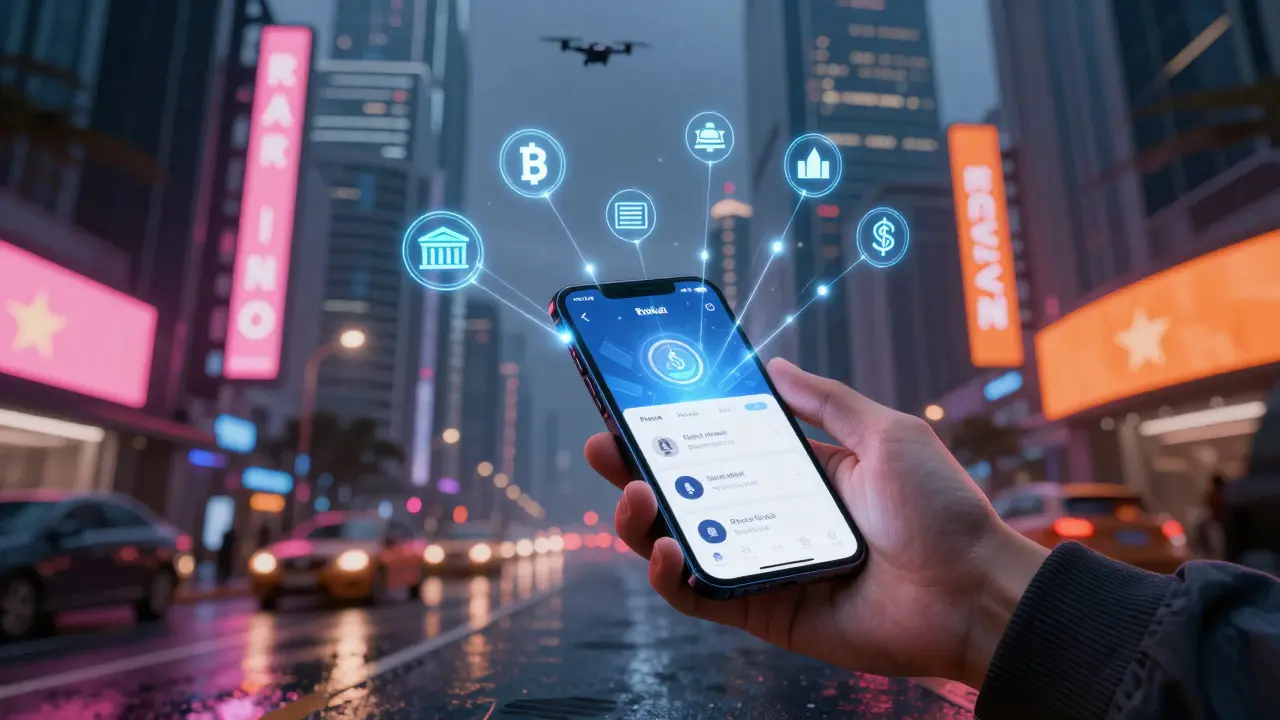 Smartphone connecting to bank towers via holographic threads in a cyberpunk city.