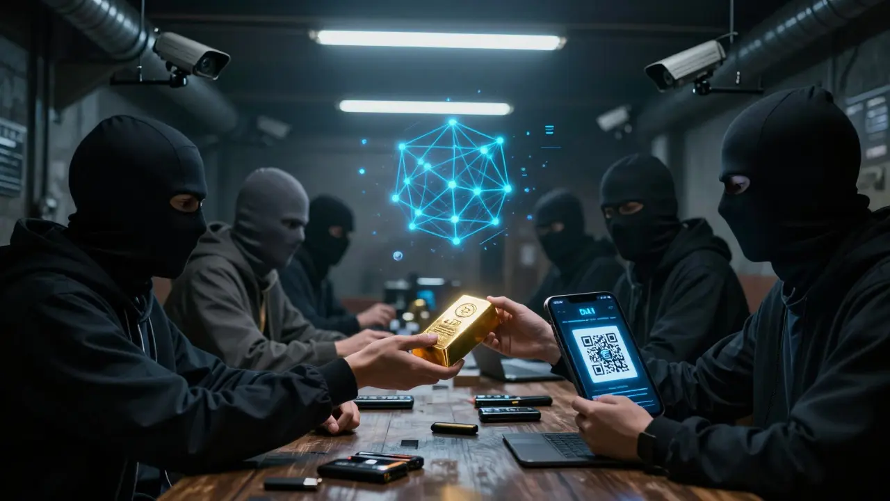 Underground traders exchanging hardware wallets and gold bars in a dim basement with digital network glows.