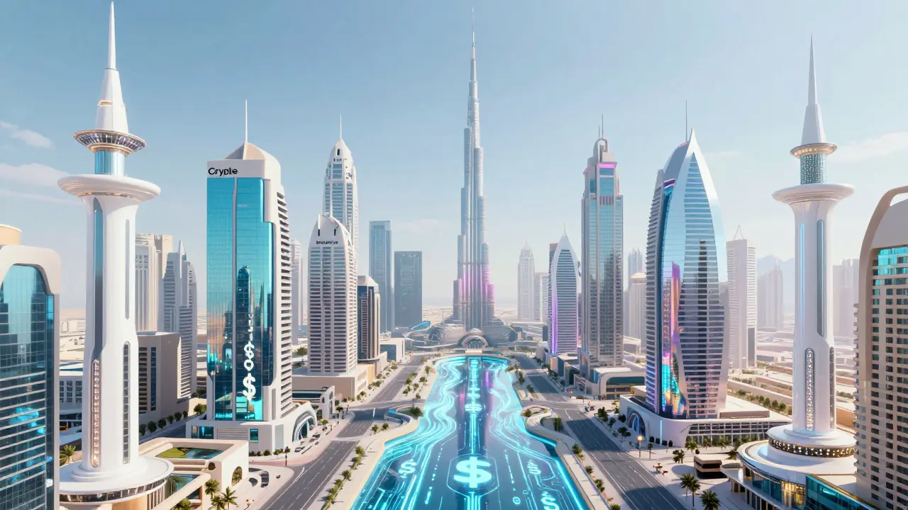 A bright, futuristic high-tech city with flowing rivers of light and iridescent architecture.