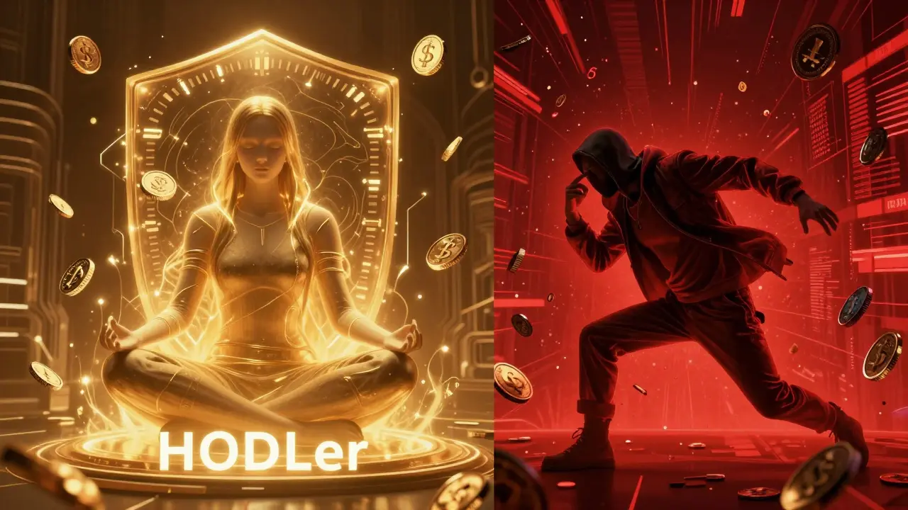 A calm investor in a golden shield contrasted with a stressed trader in red digital chaos.