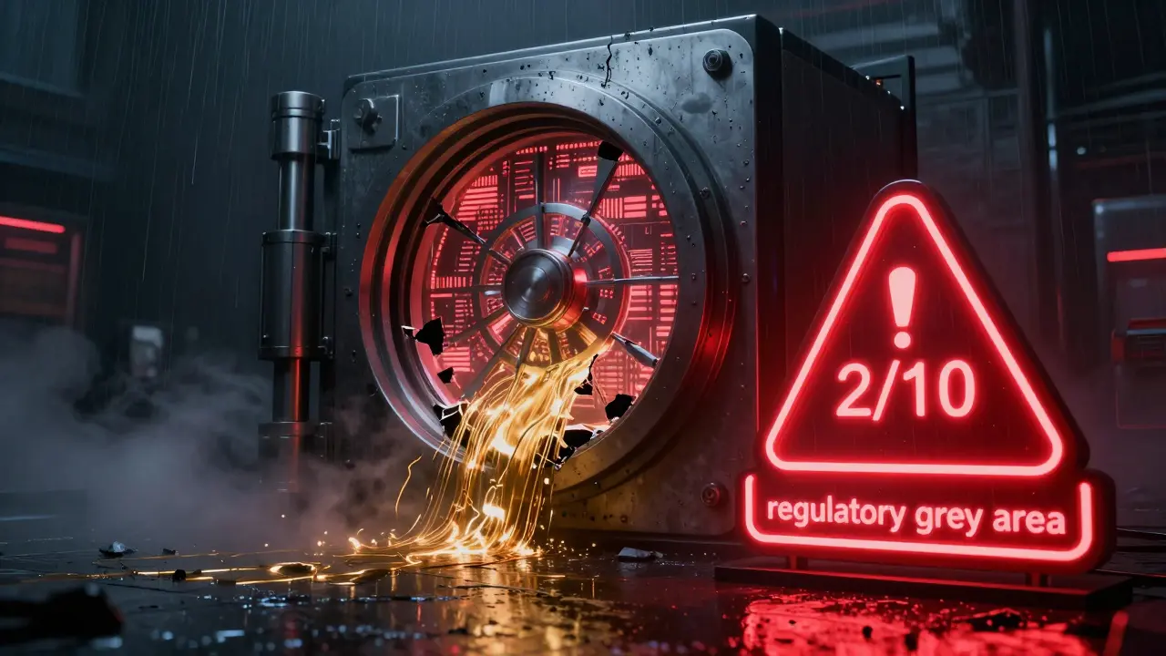 A cracked digital vault with a red neon warning sign symbolizing high risk