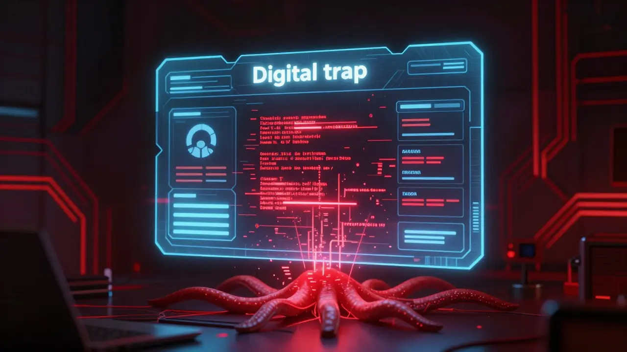 A deceptive holographic trading screen glitching to reveal a digital trap