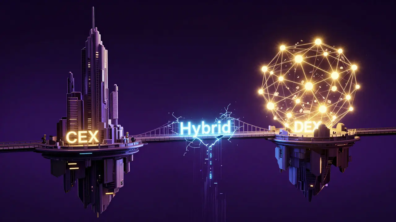 A flickering holographic bridge connecting a monolithic tower and a decentralized network