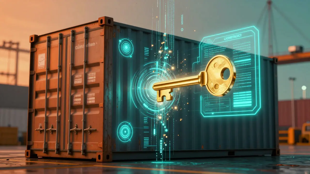 A futuristic shipping container with IoT sensors triggering a holographic smart contract.