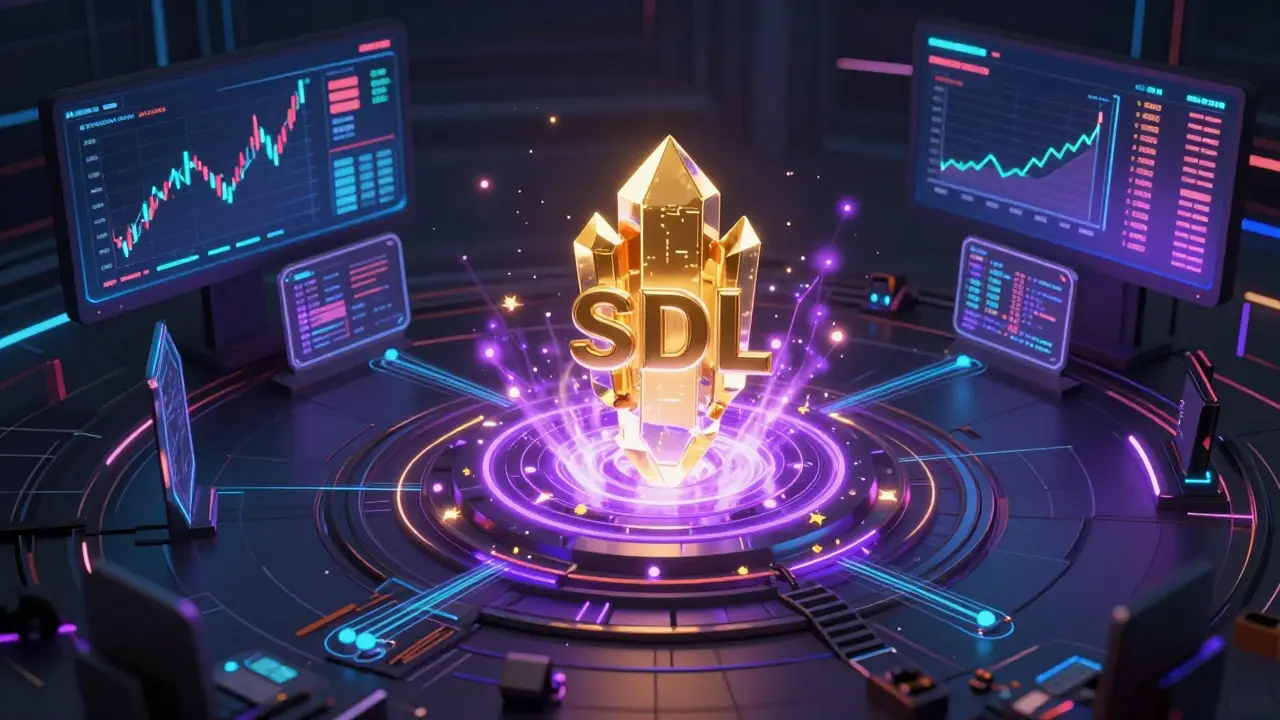 A glowing gold crystalline SDL token core powering a high-tech network of holographic data nodes.