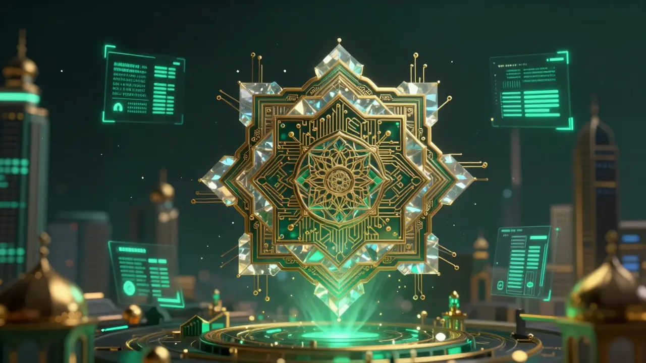 A golden digital mandala blending Islamic geometry with cyberpunk circuits for Shariah-compliant finance.