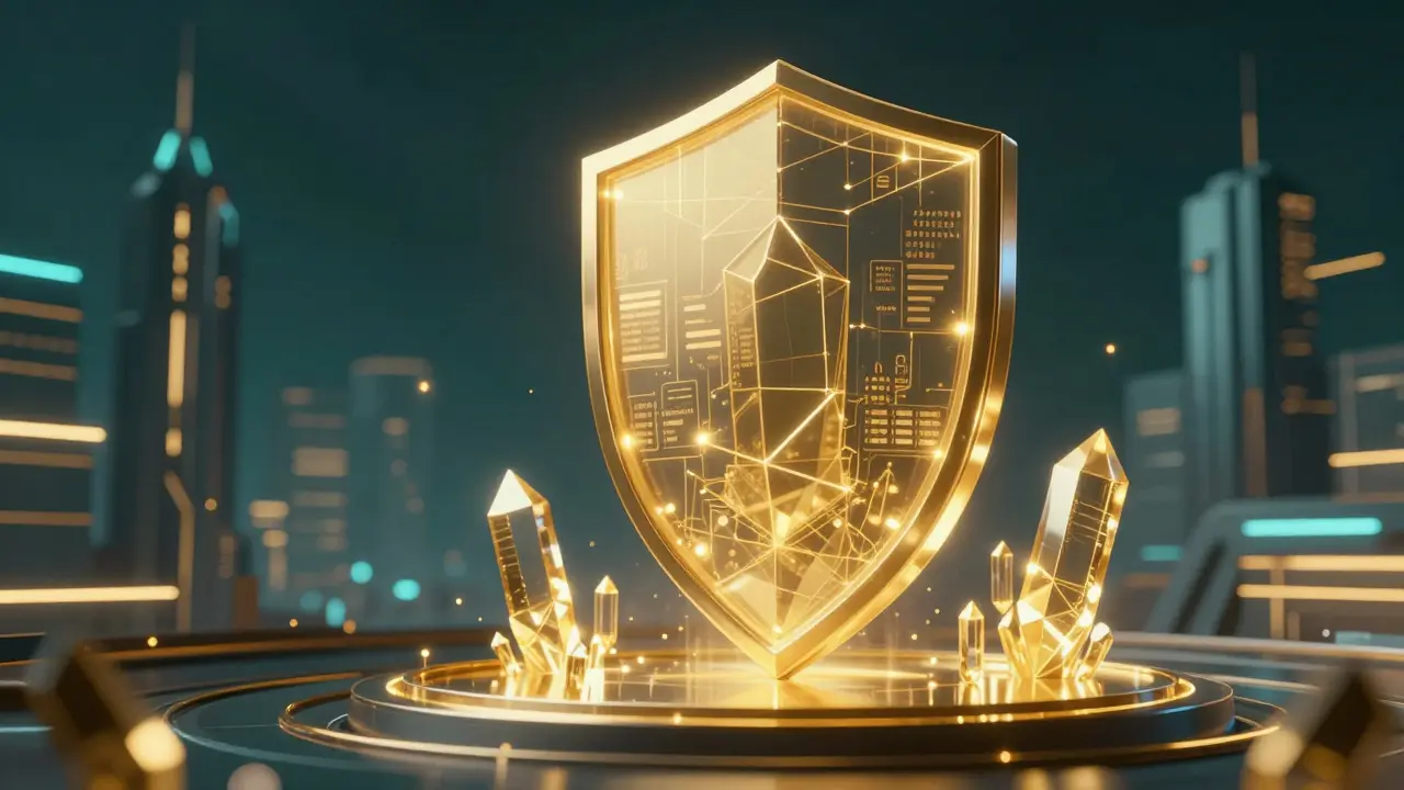 A golden geometric shield protecting digital assets in a futuristic city
