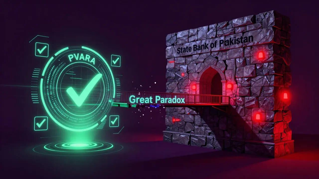 A holographic regulatory emblem facing a monolithic wall, representing the conflict between PVARA and the State Bank.