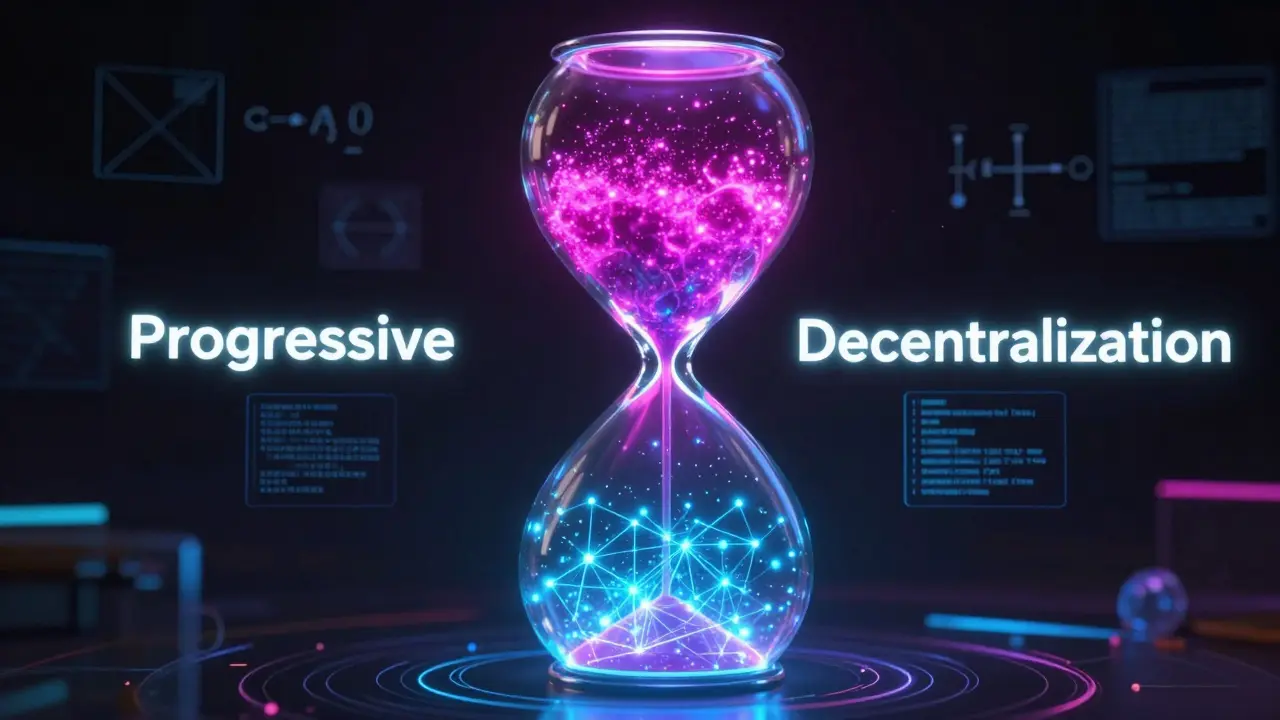 A neon hourglass showing concentrated magenta light dispersing into a network of blue nodes.