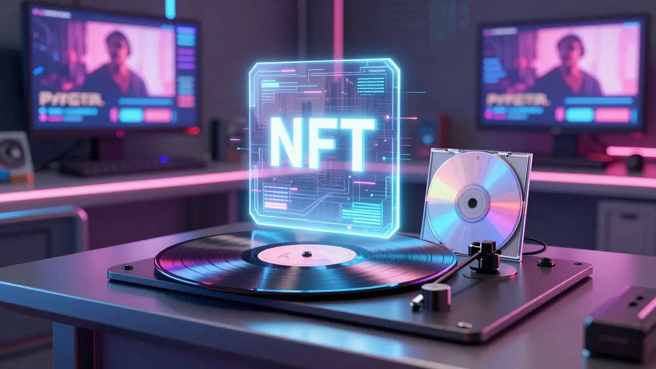 A physical colored vinyl record with a floating digital NFT hologram above it.