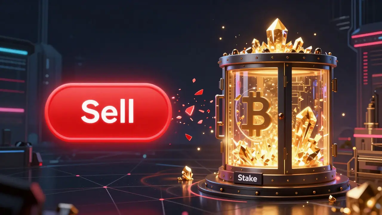 Conceptual cyberpunk art showing the choice between selling and staking tokens