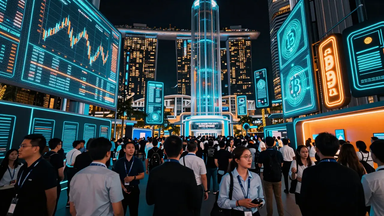 Crowded futuristic crypto summit with neon displays and diverse innovators in Singapore