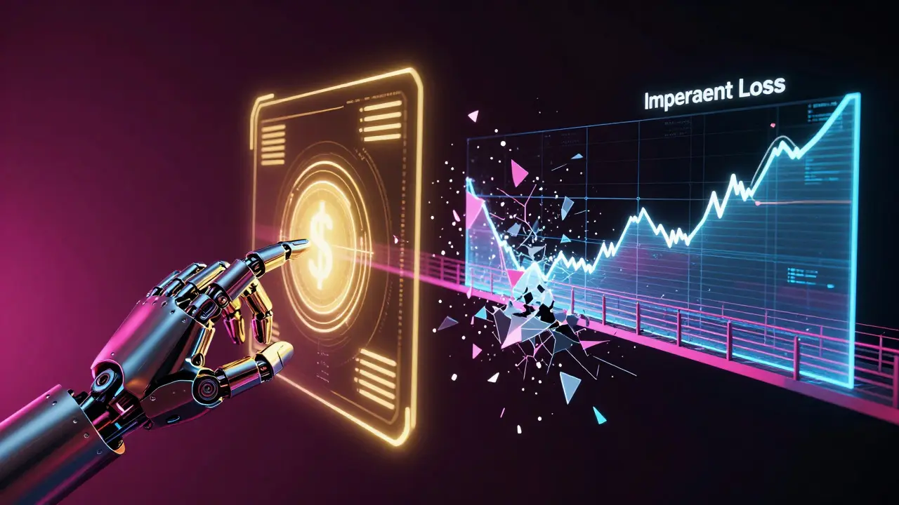 Cybernetic hand interacting with a DeFi interface showing profits and digital fragmentation