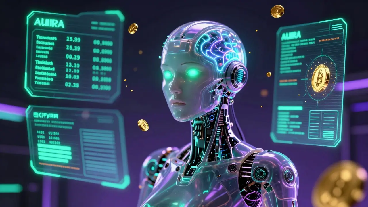 Cyberpunk AI agent AURA analyzing blockchain data and gold tokens on holographic screens.