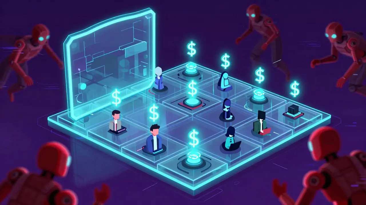 Cyberpunk digital art of a batch execution system protecting trades from front-running bots.