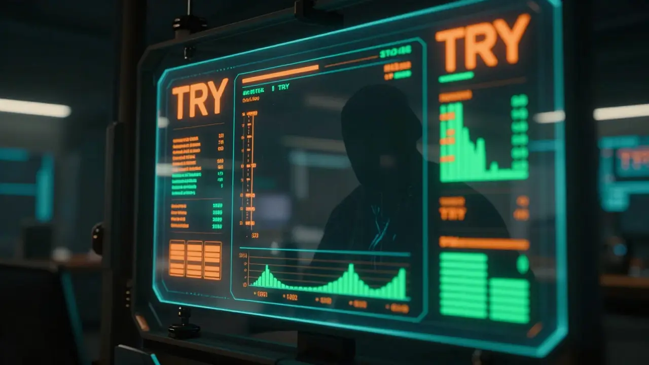 Cyberpunk digital trading interface with glowing crypto charts and orange neon accents.