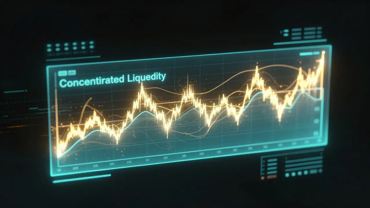 Cyberpunk holographic price chart showing a concentrated liquidity range in neon gold