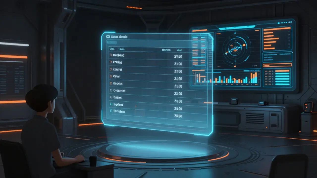 Cyberpunk trader using a basic holographic interface and a separate advanced chart