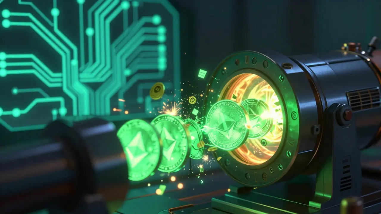 Digital cryptocurrency tokens being dissolved in a futuristic neon plasma incinerator.