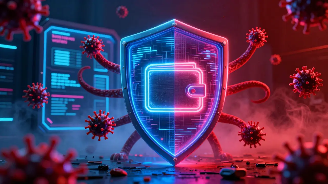 Digital shield protecting a crypto wallet from red glitchy cyber attacks