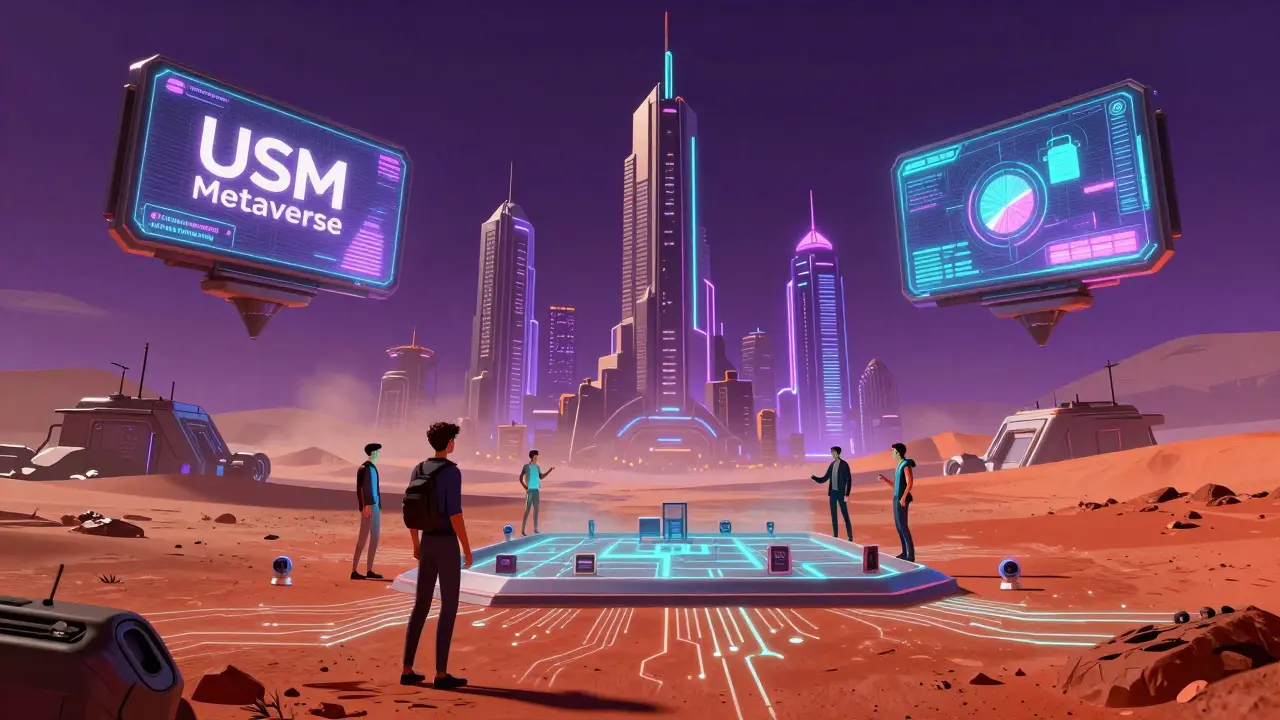 Futuristic cyberpunk city on Mars representing the USM Metaverse ecosystem