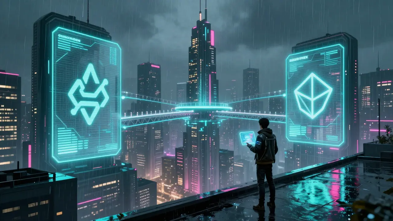 Futuristic cyberpunk city with holographic portals for Chainlink and Polygon connecting a multi-chain hub.