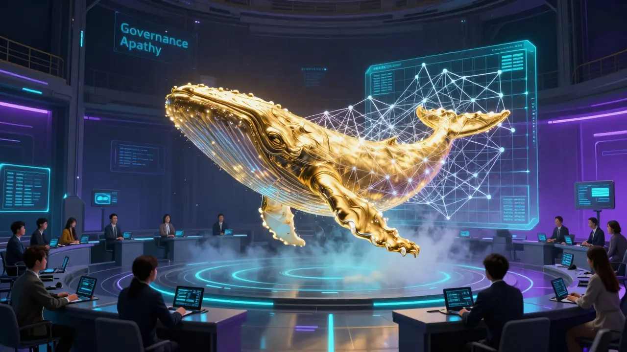 Futuristic digital voting chamber with holographic grids balancing a large golden avatar.