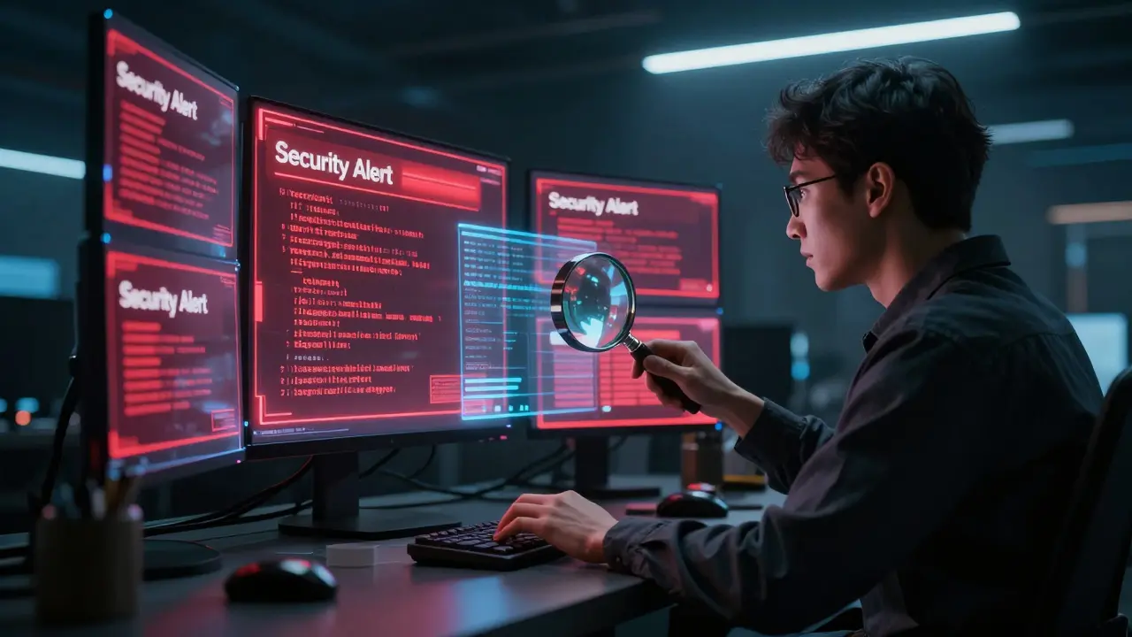 Futuristic workspace with holographic screens showing security alerts and code