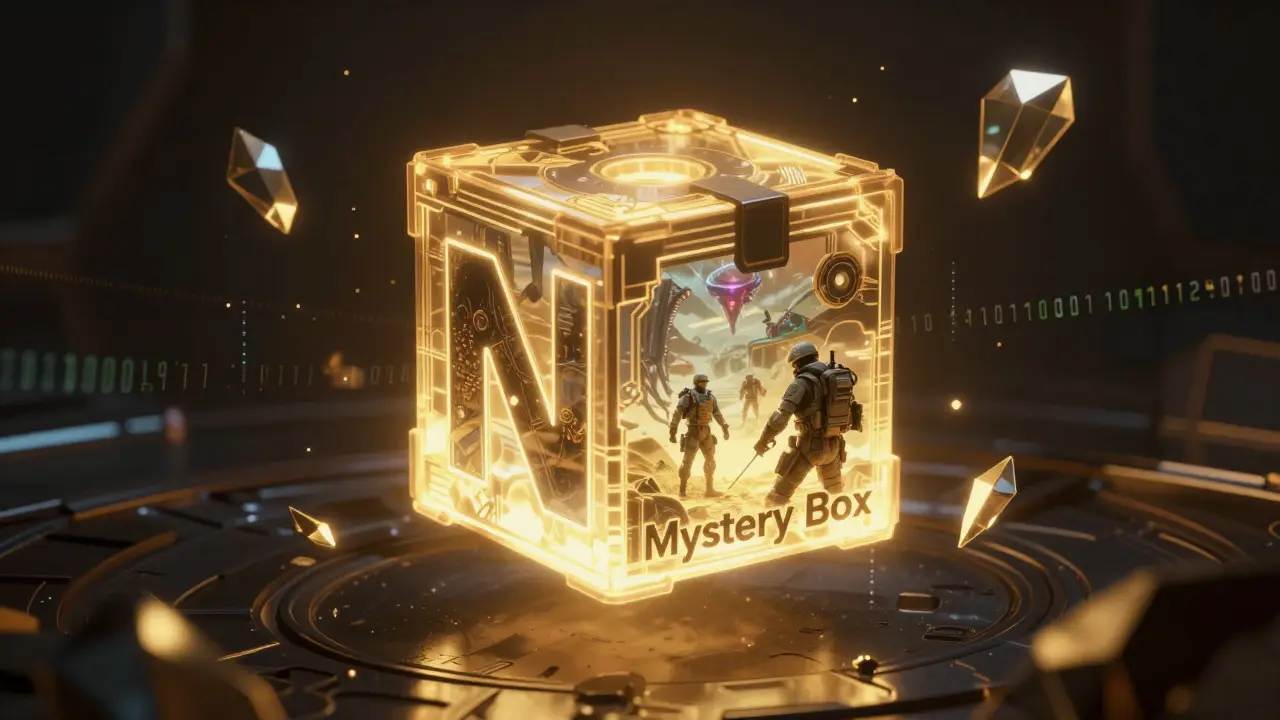 Glowing holographic mystery box NFT with cosmic energy in a cyberpunk style