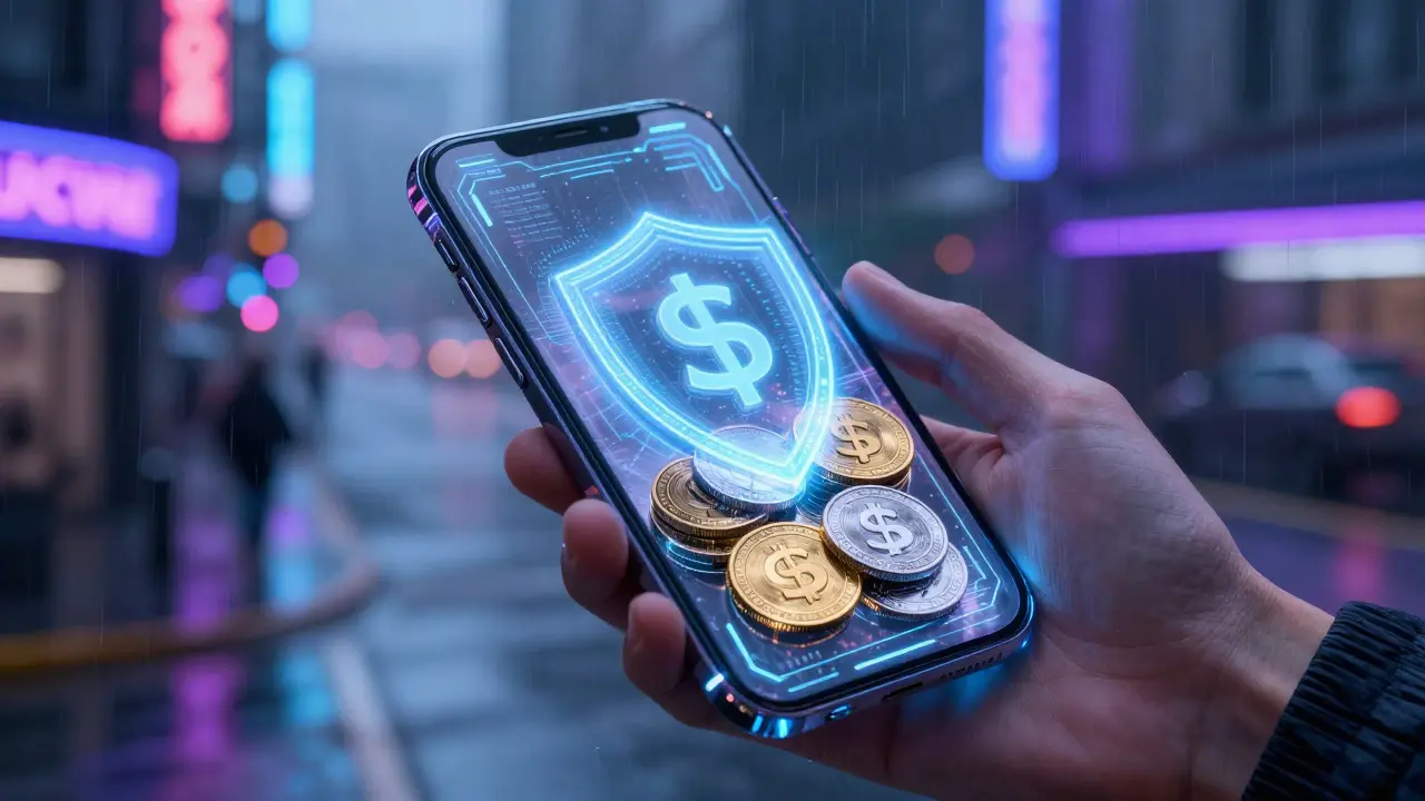 Hand holding a smartphone showing digital stablecoins protected by a holographic shield