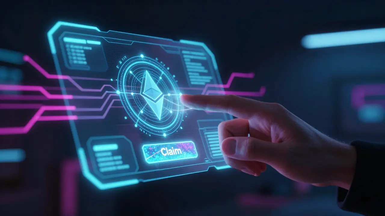 Hand pressing a holographic claim button in a high-tech setting