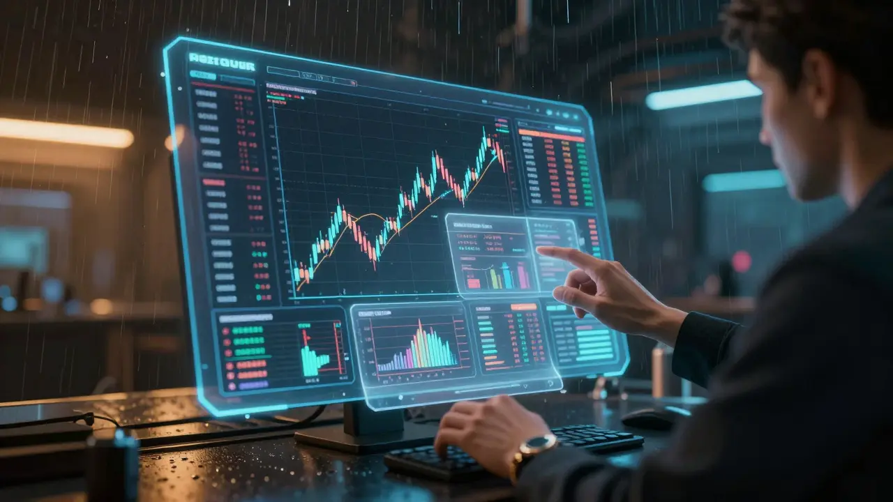 High-tech cyberpunk trading station with holographic market charts and interfaces.