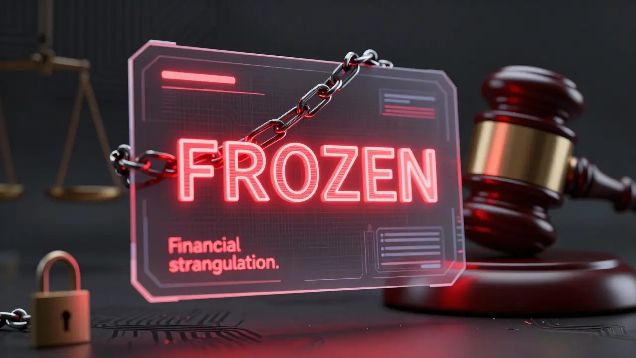 Holographic bank account interface showing a frozen status with digital chains in a cyberpunk setting
