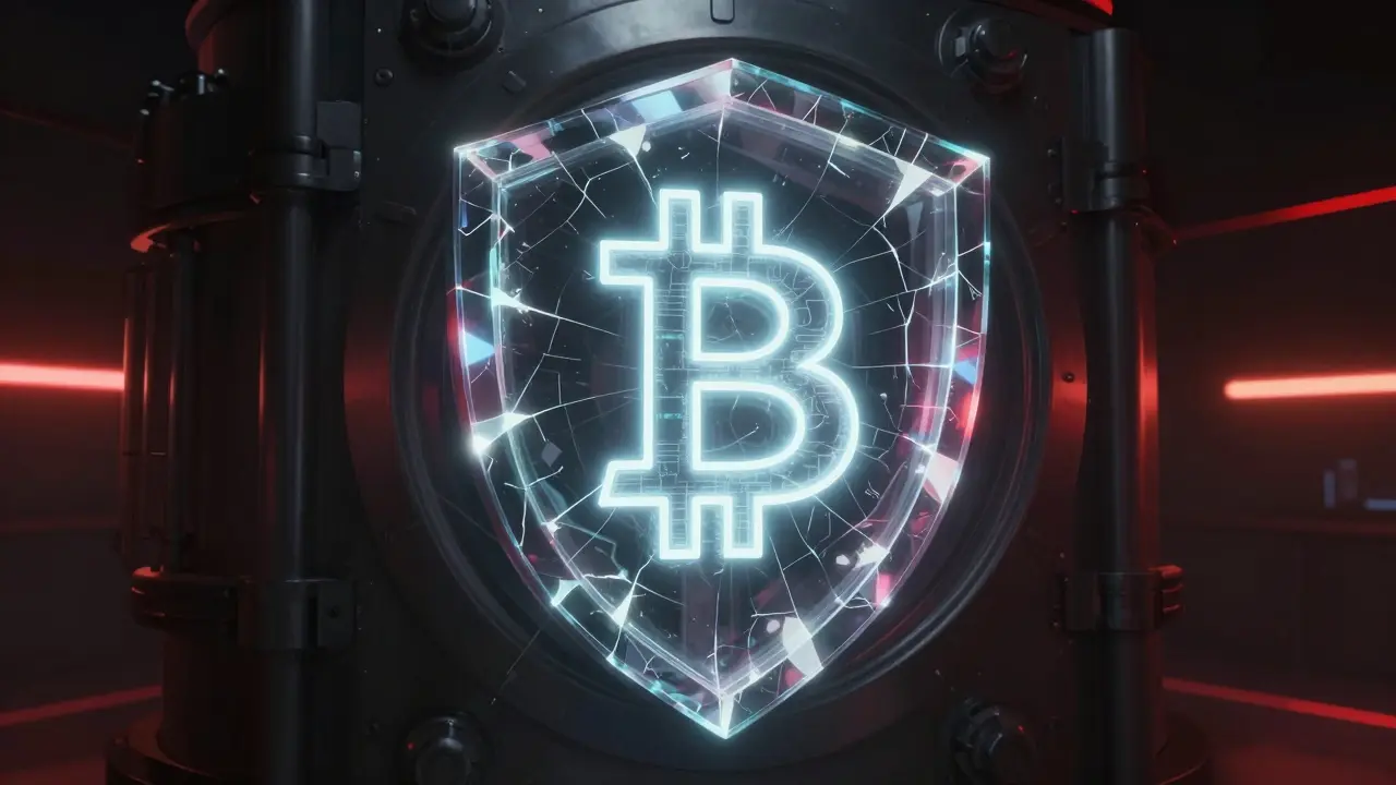 Holographic Bitcoin inside a fragmented crystalline shield in a dark cyberpunk setting.