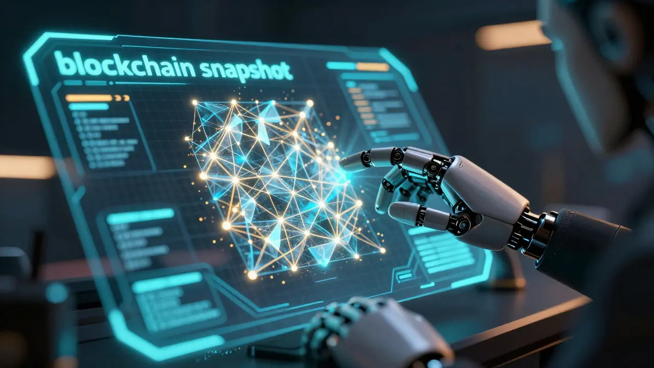 Holographic blockchain data grid being analyzed in a high-tech lab