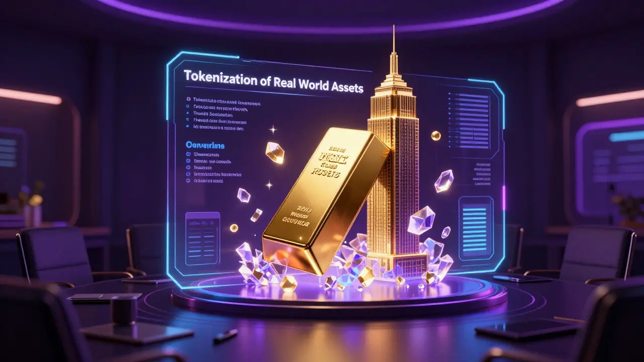 Holographic interface showing a gold bar and building turning into digital tokens