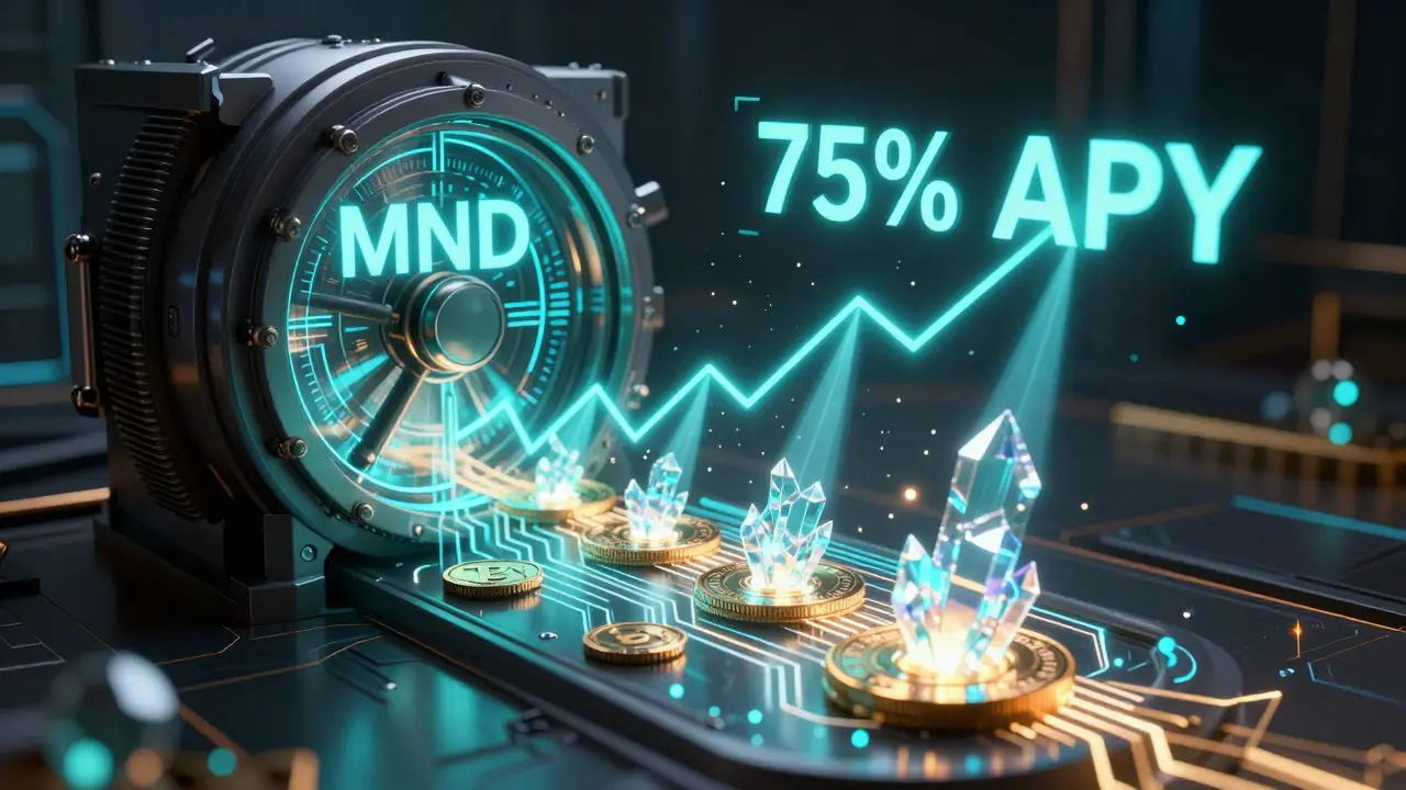 Holographic vault with glowing circuitry and tokens representing staking growth.