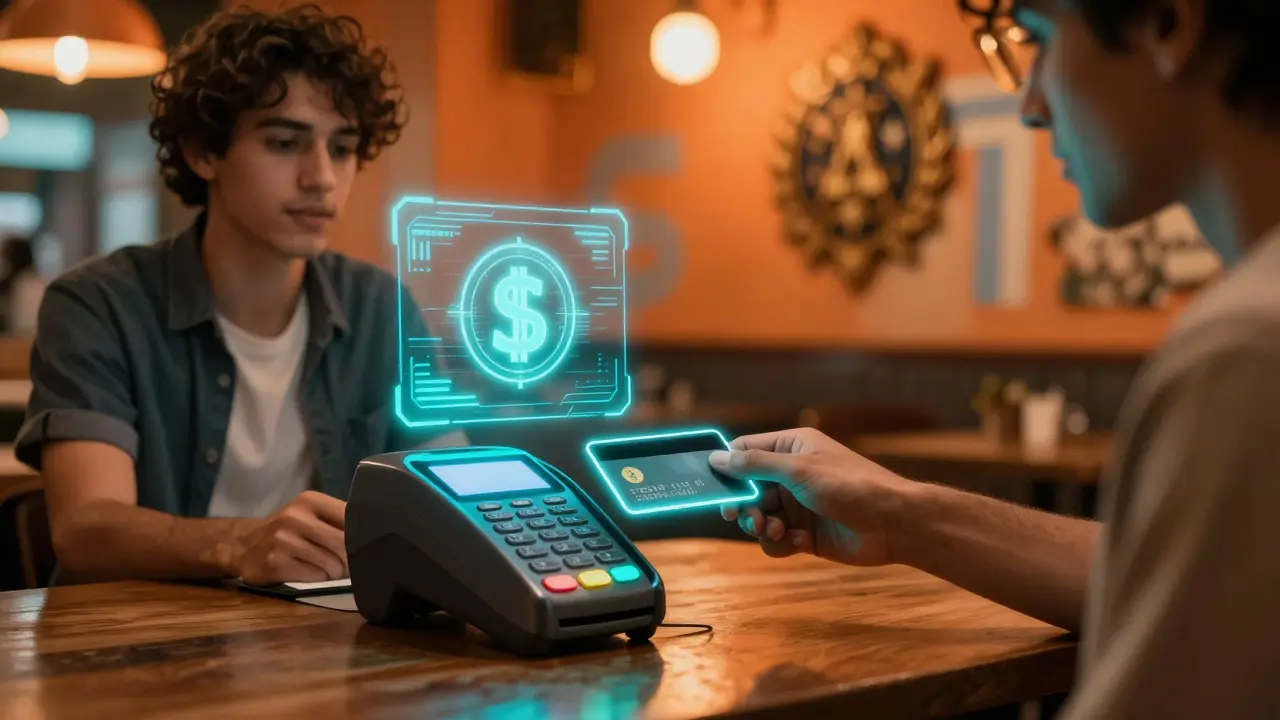 Person using a futuristic neon debit card to pay in a cyberpunk Argentine café