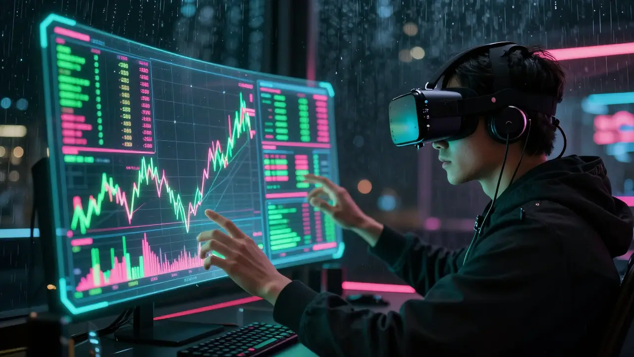 Person using holographic charts to trade volatile meme coins in a cyberpunk setting.