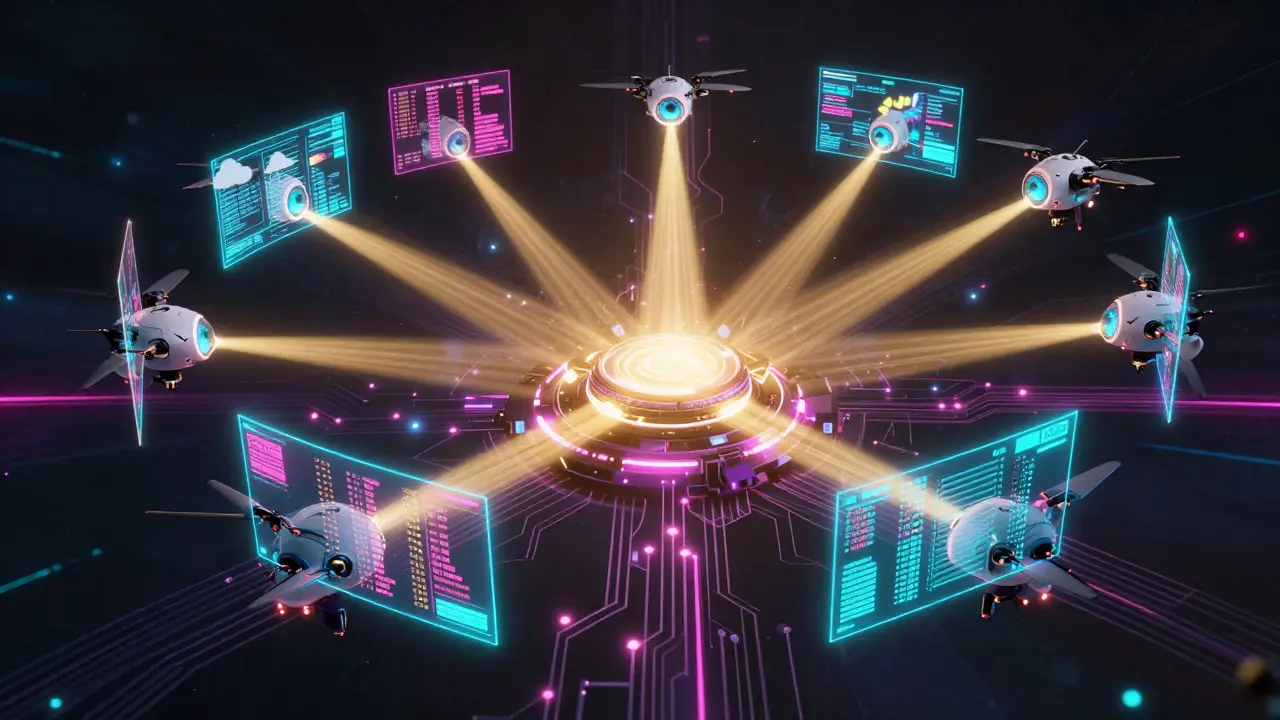 Robotic drones gathering data from multiple holographic sources for a central core.