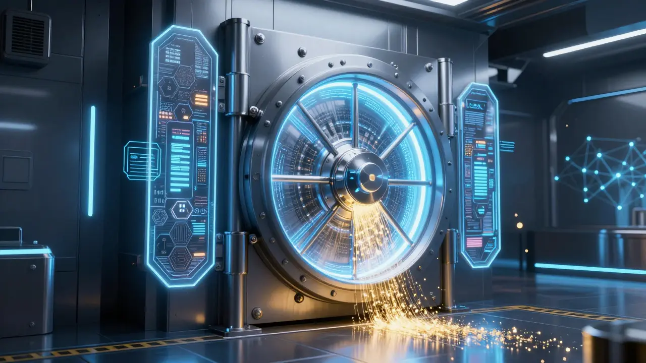 Secure futuristic digital vault with neon energy shields for cryptocurrency storage.