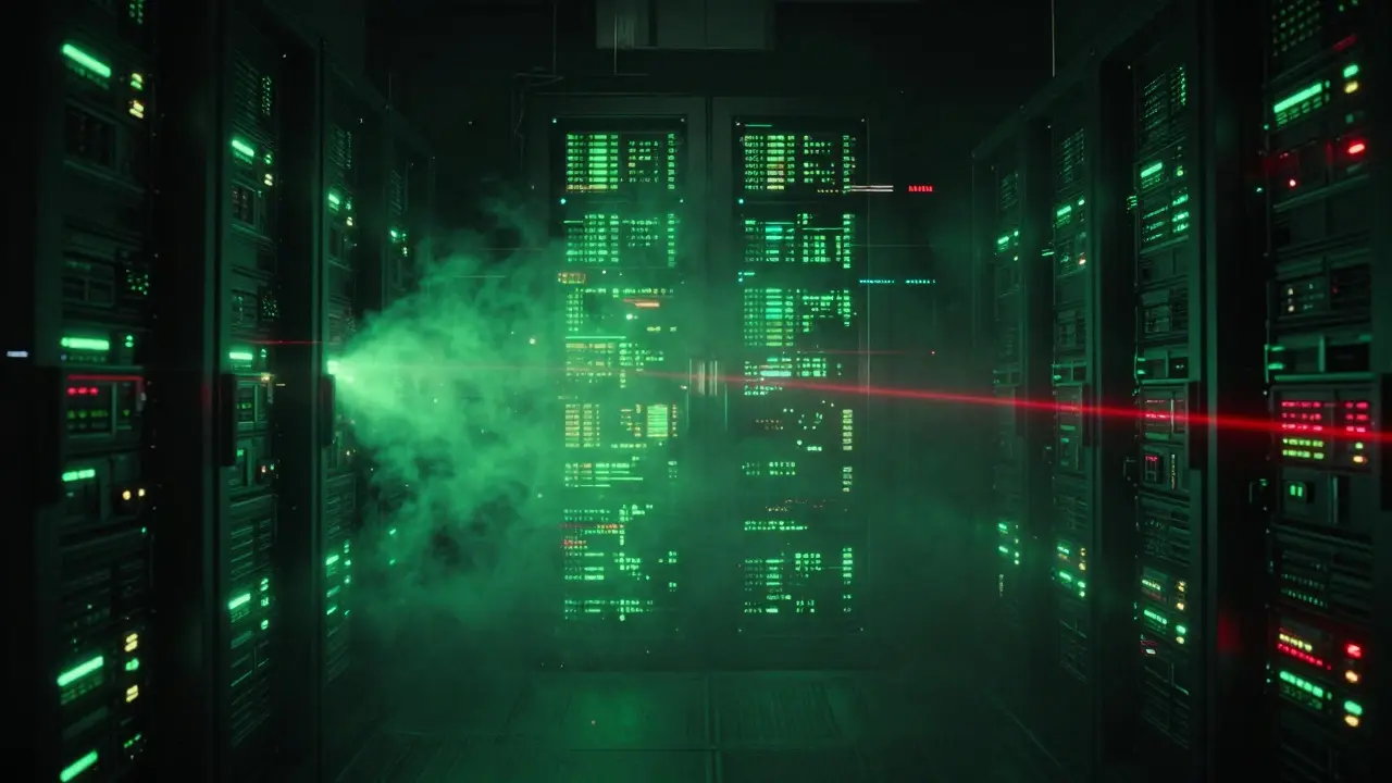 Server rack obscured by digital fog hiding financial data reserves